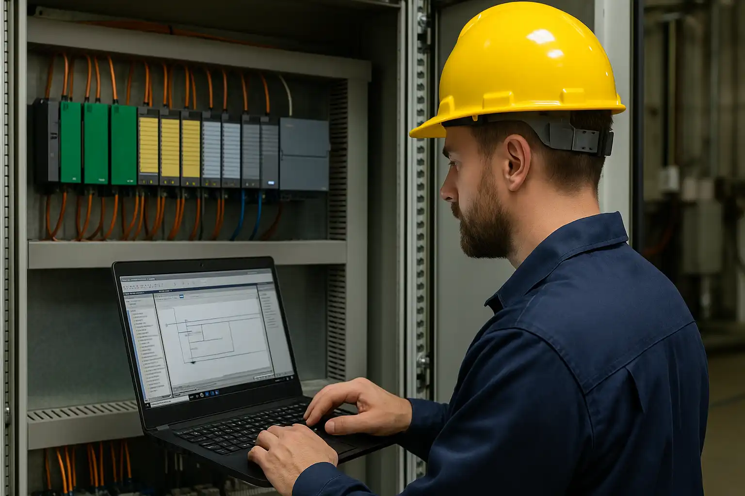 Técnico com capacete amarelo programa CLP usando notebook diante de painel com módulos de automação industrial.