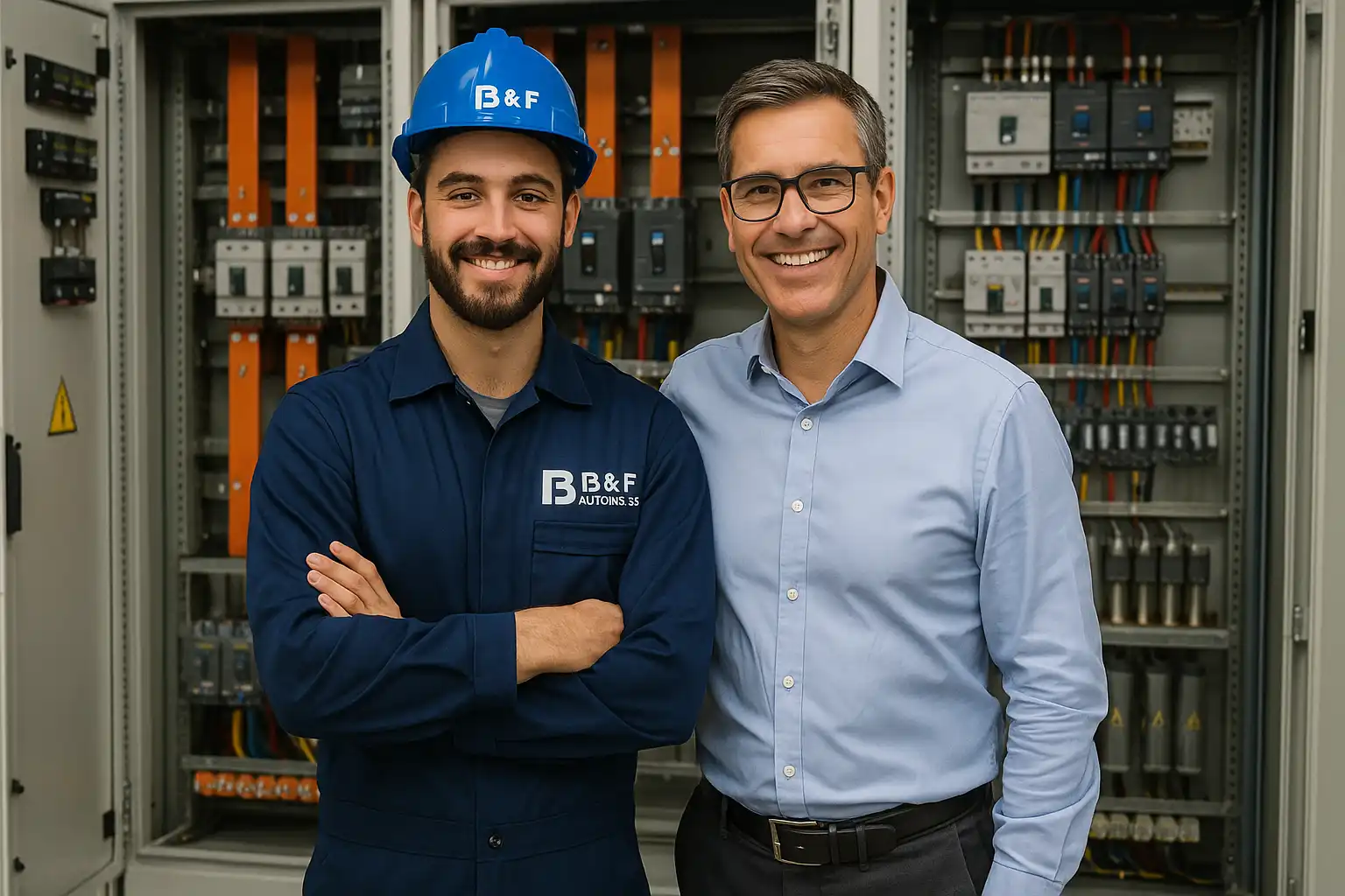 Funcionário da B&F Automação ao lado de cliente satisfeito, em frente a um quadro de distribuição de energia industrial instalado, representando confiança, segurança e qualidade na infraestrutura elétrica.