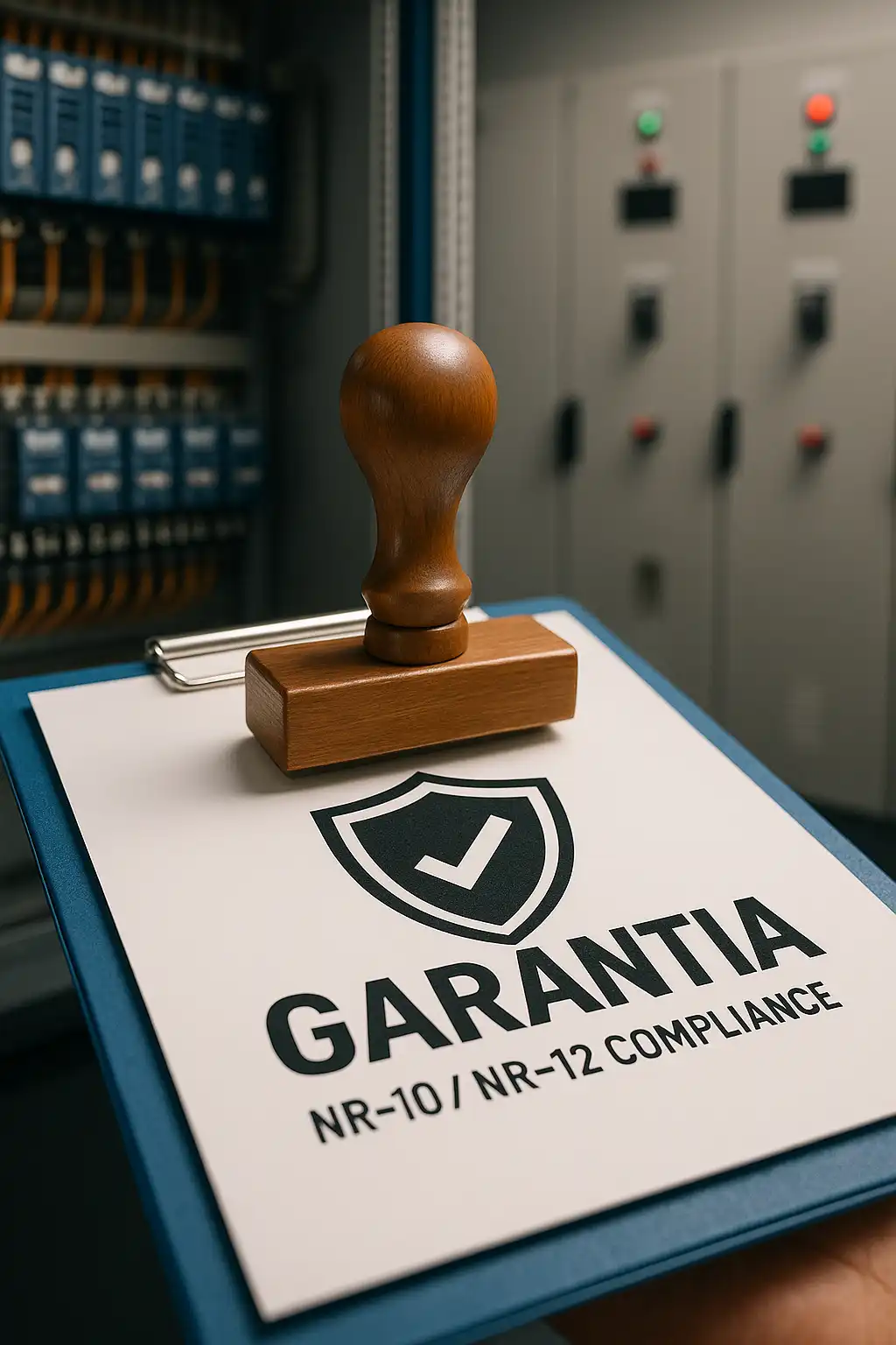 Carimbo de garantia sobre documento técnico de automação de painéis elétricos industriais em conformidade com NR-10 e NR-12