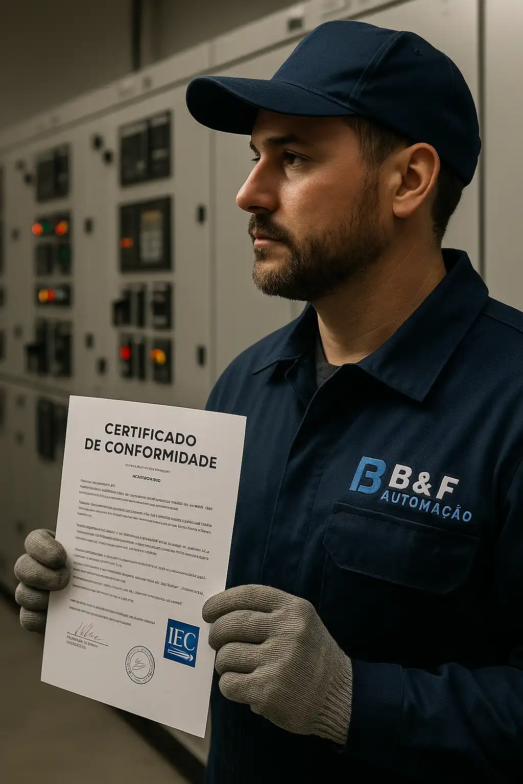 Técnico de manutenção segura uma prancheta diante de ccm inteligente fechado, em ambiente industrial limpo e organizado.