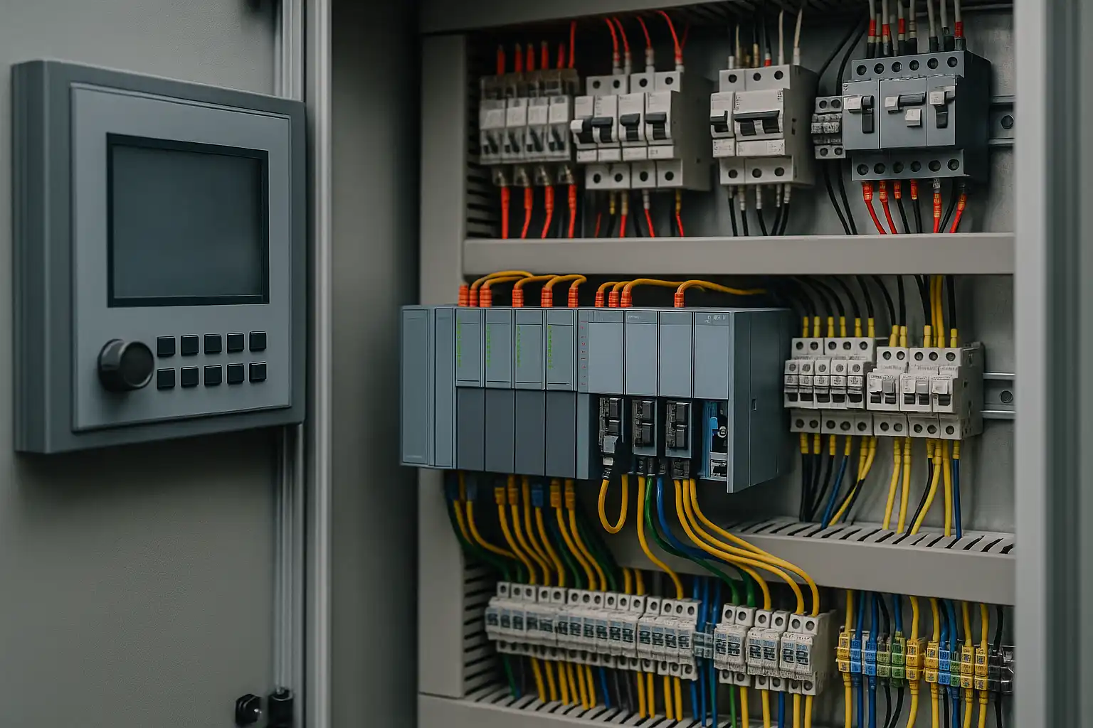 Detalhe interno de painel CLP com HMI, bornes e módulos de controle automatizado em ambiente industrial.