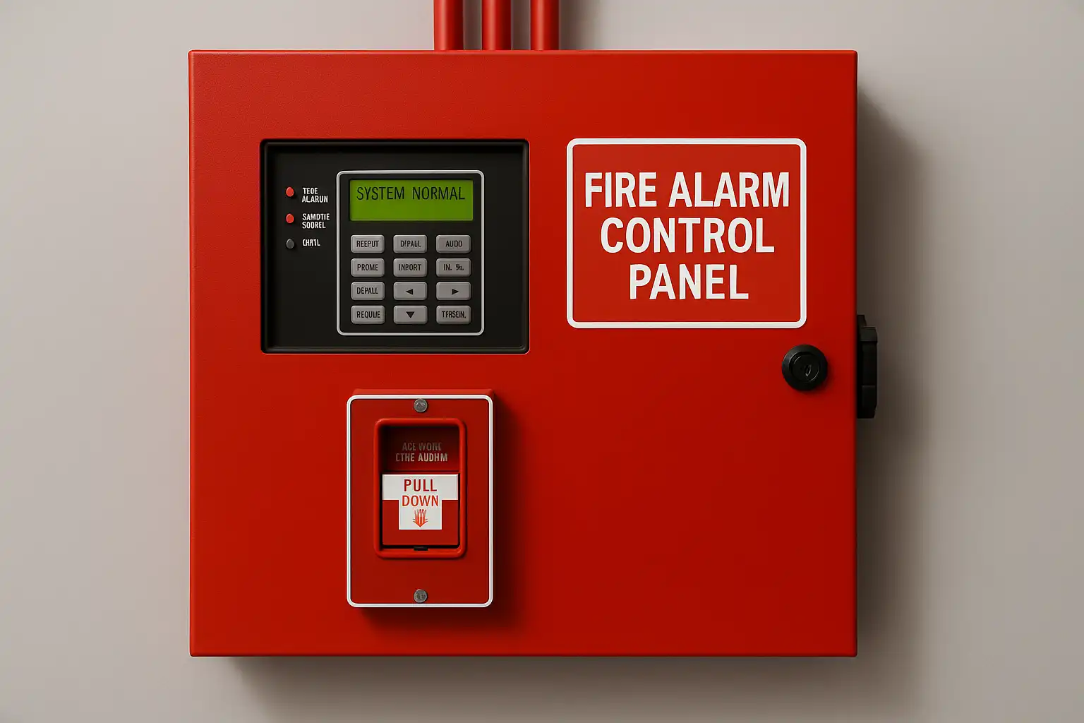 Painel de combate a incêndio com sistema de alarme industrial, visor digital e botão de acionamento de emergência