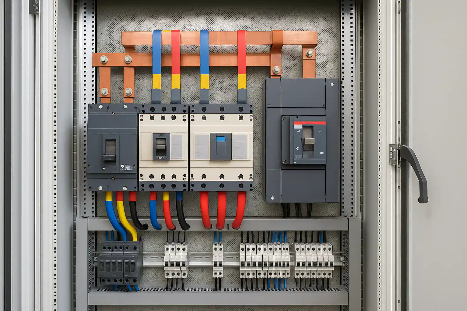 Painel de distribuição elétrica industrial com disjuntores e barramentos de cobre organizados e identificados.