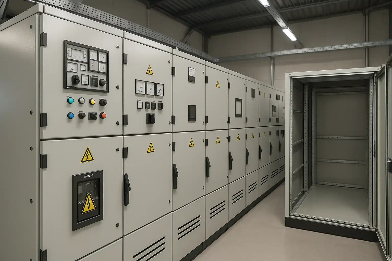 Painel de automação industrial com layout modular, espaços de I/O reservados e estrutura escalável para ampliações futuras sem paralisação da planta