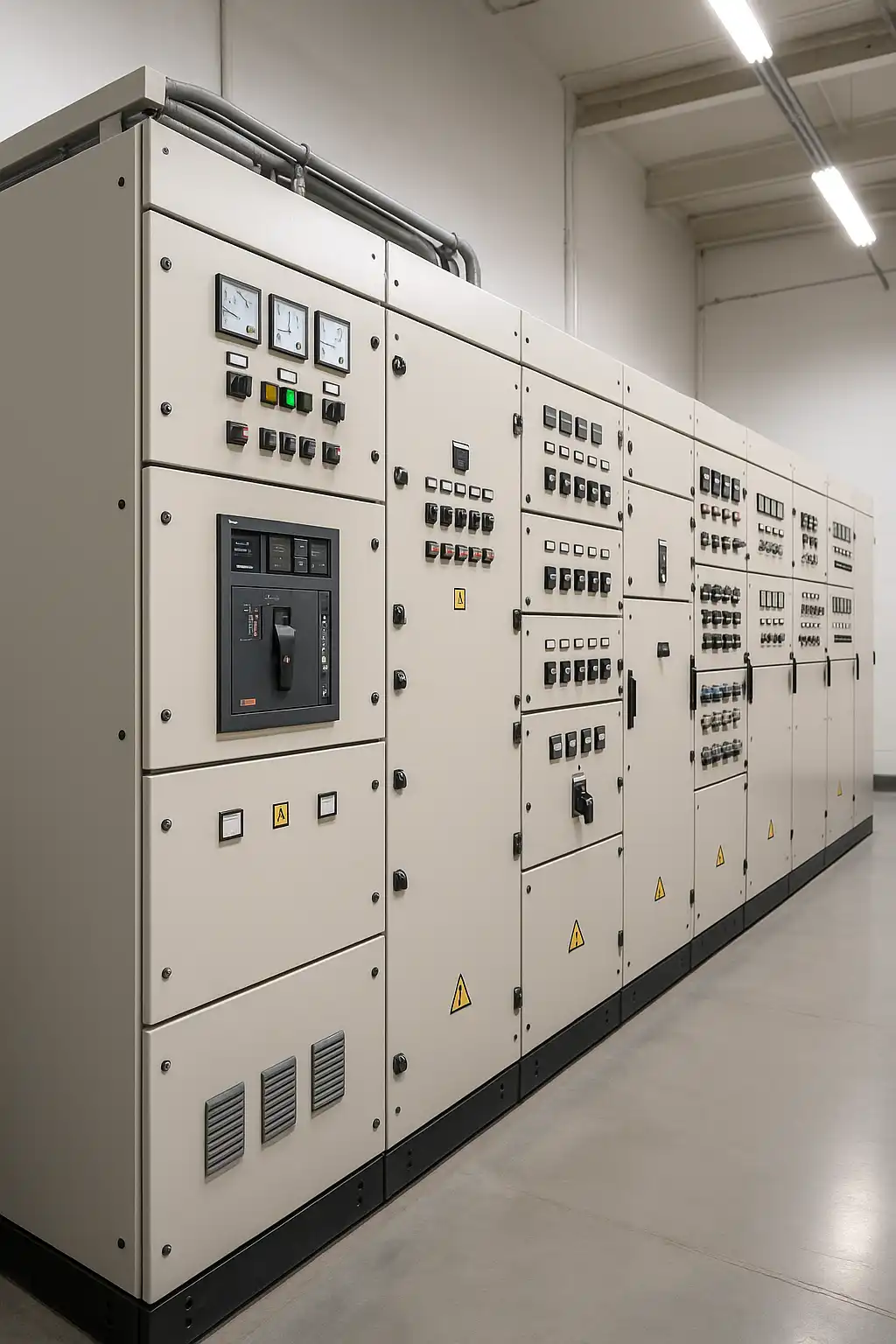 ala elétrica industrial com quadro geral de baixa tensão (QGBT) em operação, com painéis fechados e ambiente limpo, representando distribuição elétrica segura e normatizada.