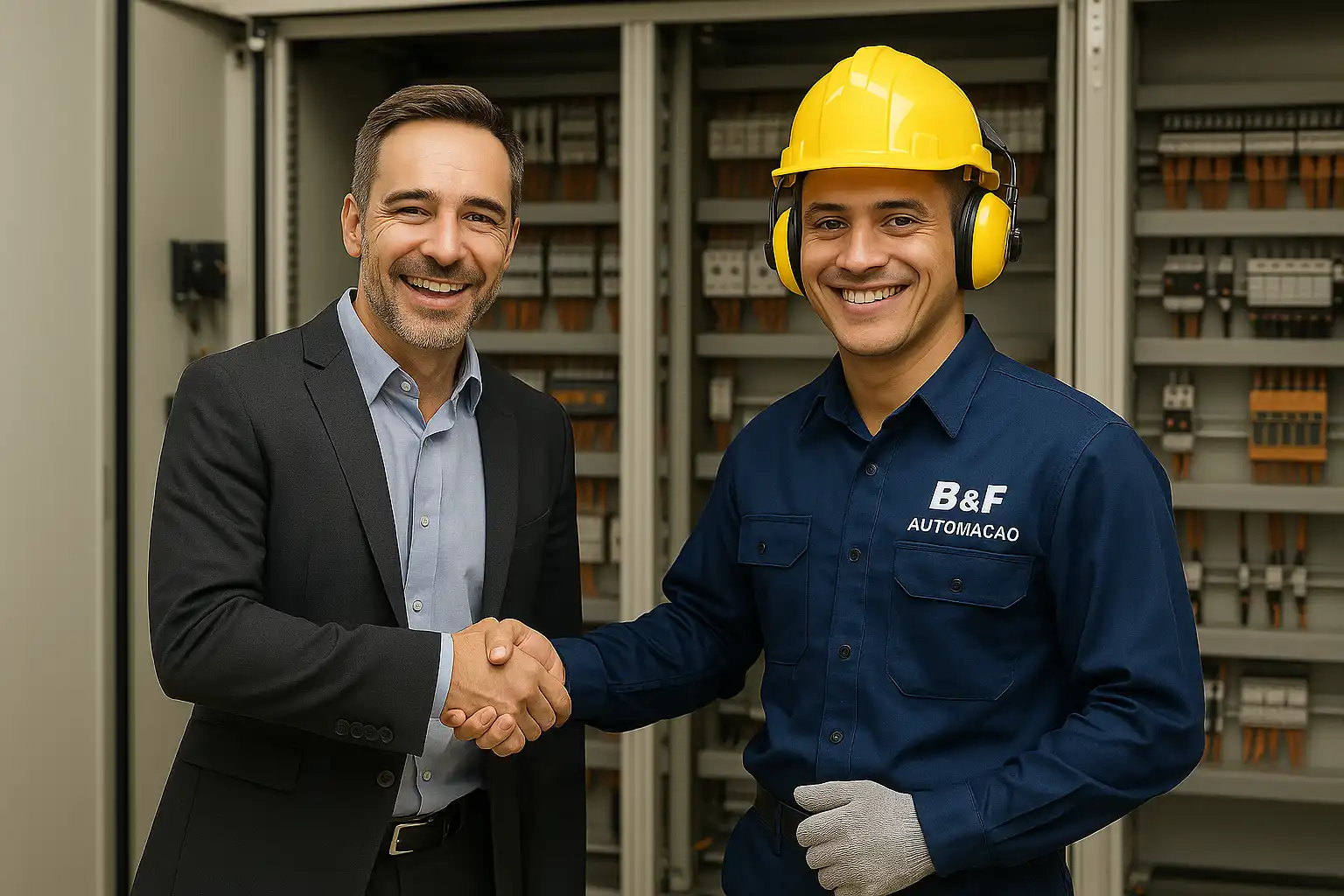 Cliente satisfeito aperta a mão de técnico da B&F Automação em frente a painel elétrico industrial automatizado