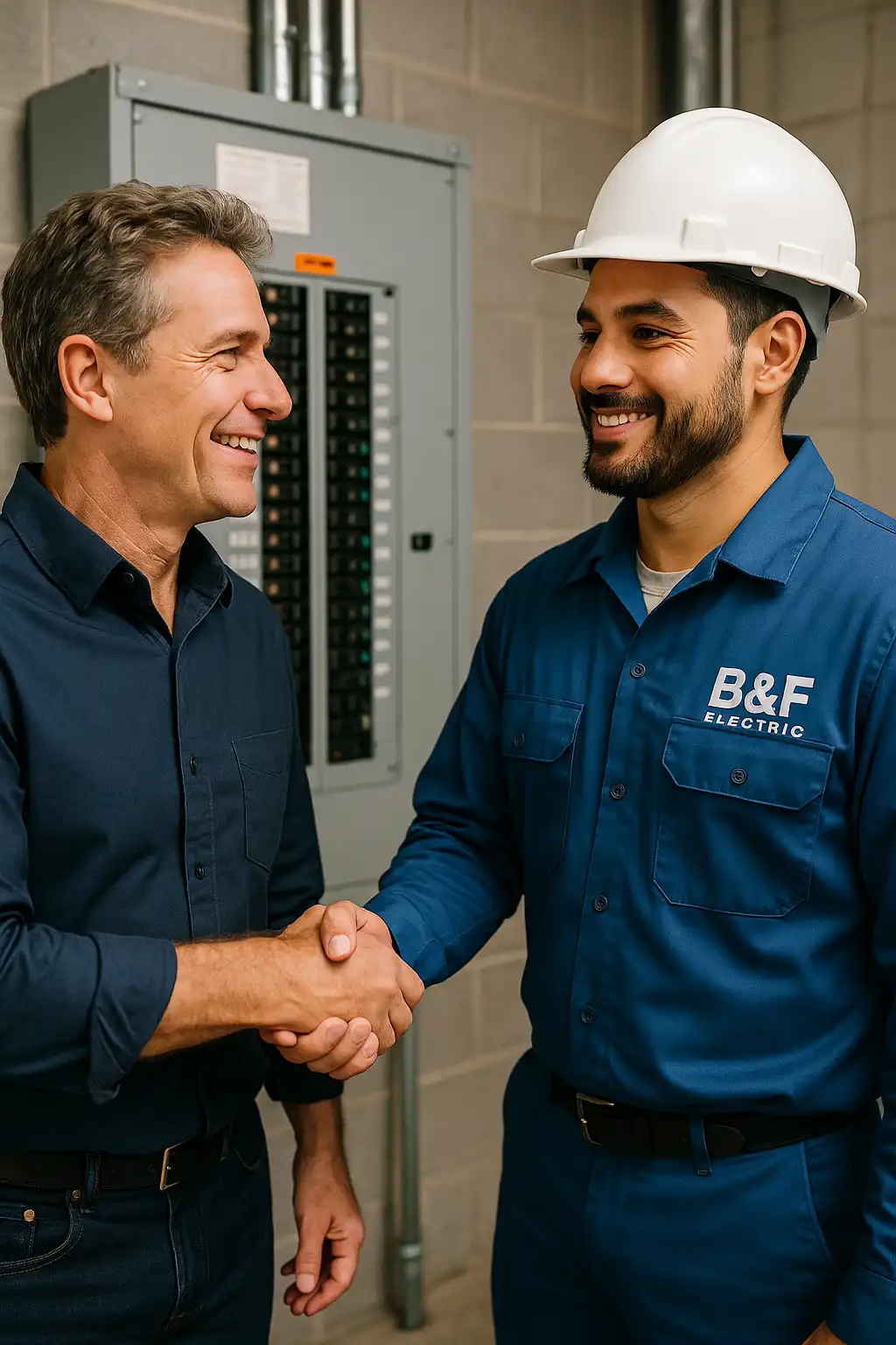 Cliente cumprimenta técnico da B&F Automação em frente ao quadro geral de baixa tensão (QGBT) após entrega bem-sucedida e instalação do sistema.