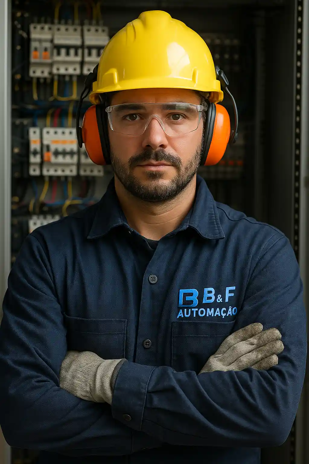 Técnico da B&F Automação utilizando EPIs em frente a painel elétrico industrial durante processo de automação painéis elétricos industriais