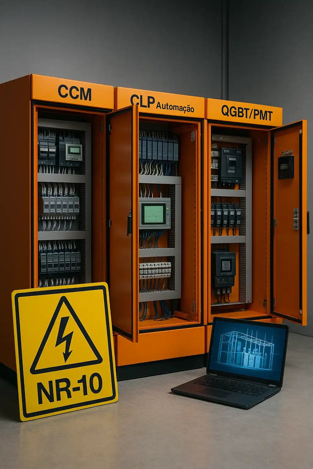 Painéis elétricos industriais CCM, CLP e QGBT com portas abertas, sinal NR-10 e projeto digital em notebook.