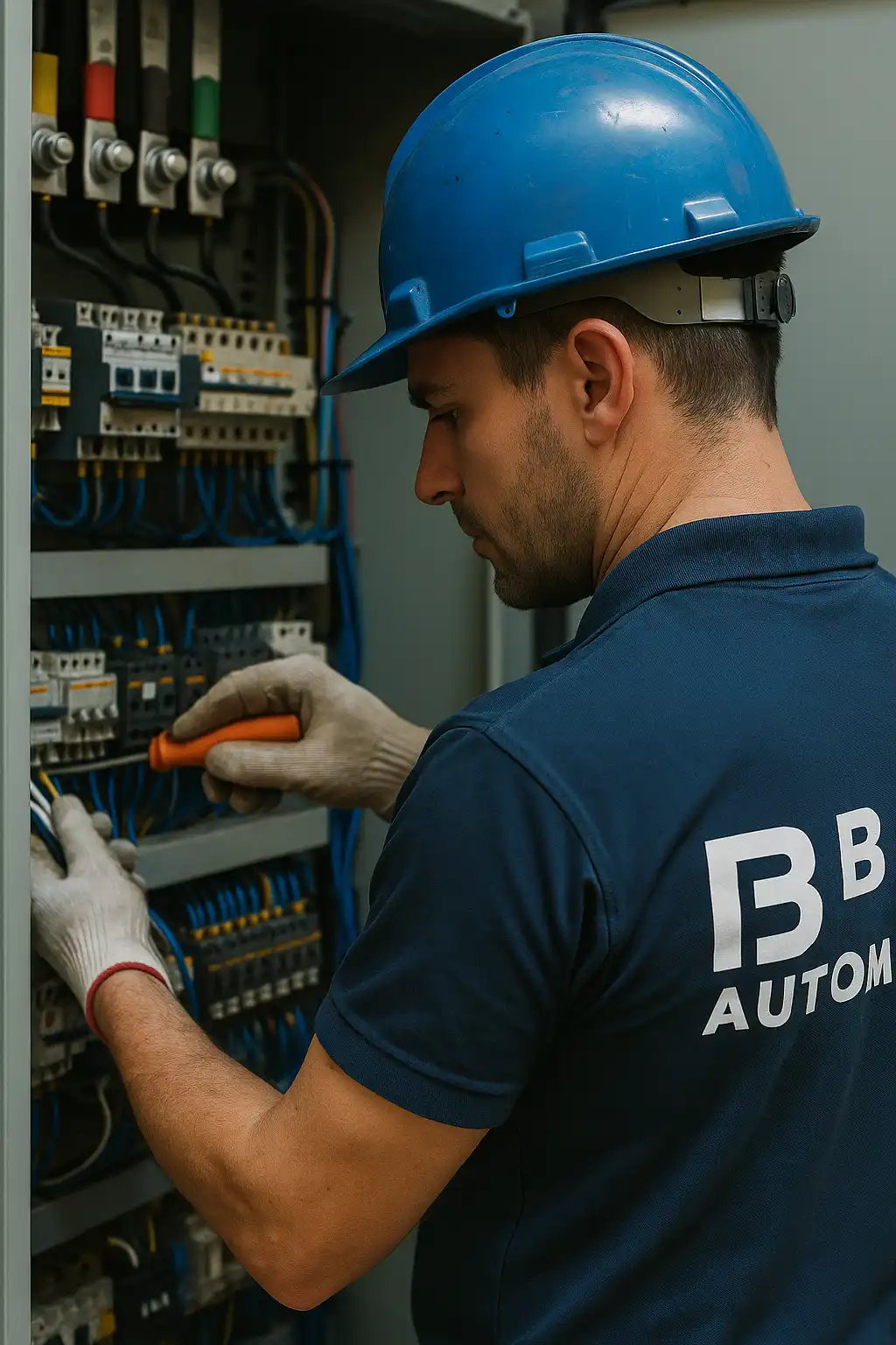 Técnico da B&F Automação realizando instalação de painéis elétricos industriais com segurança e precisão.