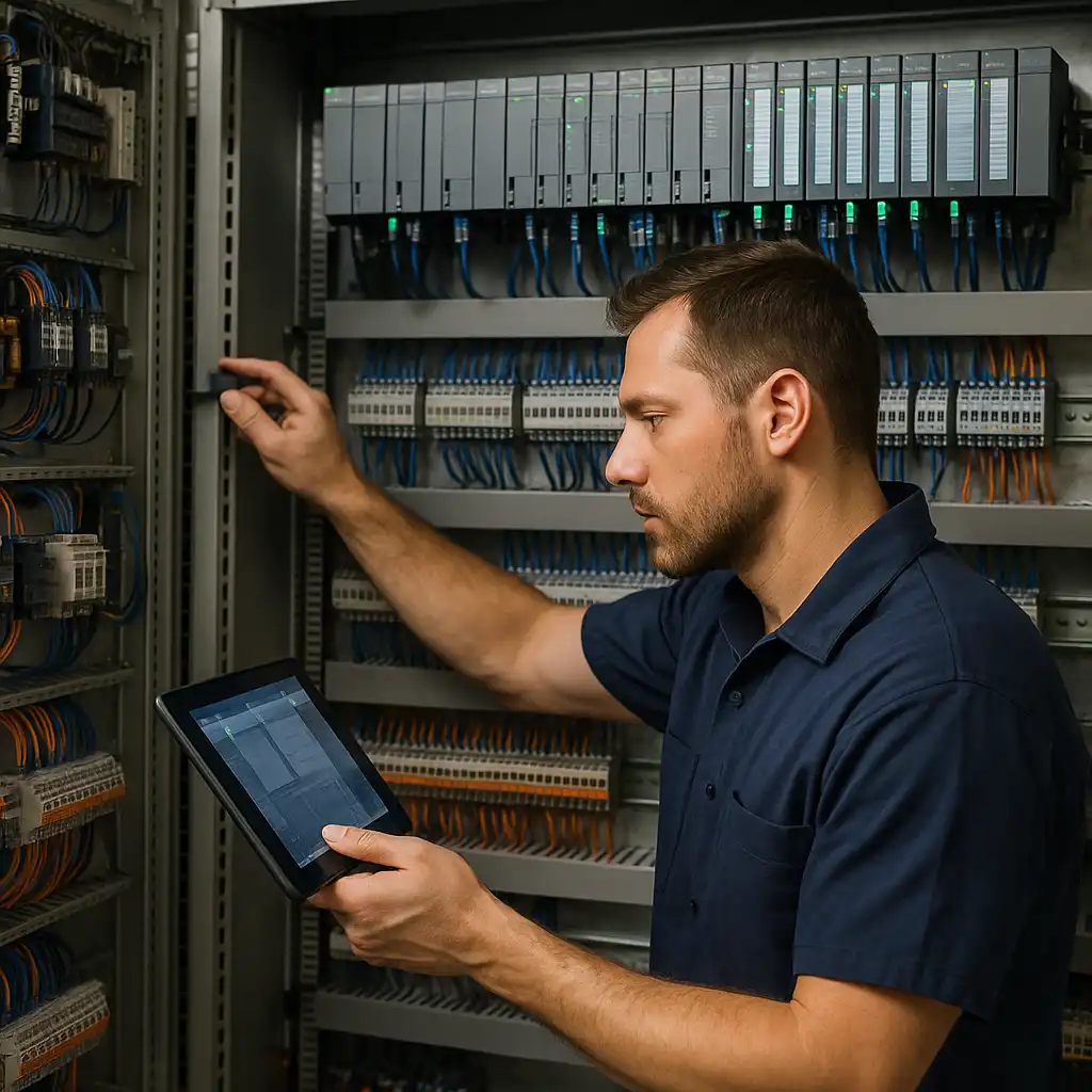 Técnico trabalhando na automação painéis elétricos industriais com CLP, utilizando tablet para configuração em gabinete de controle