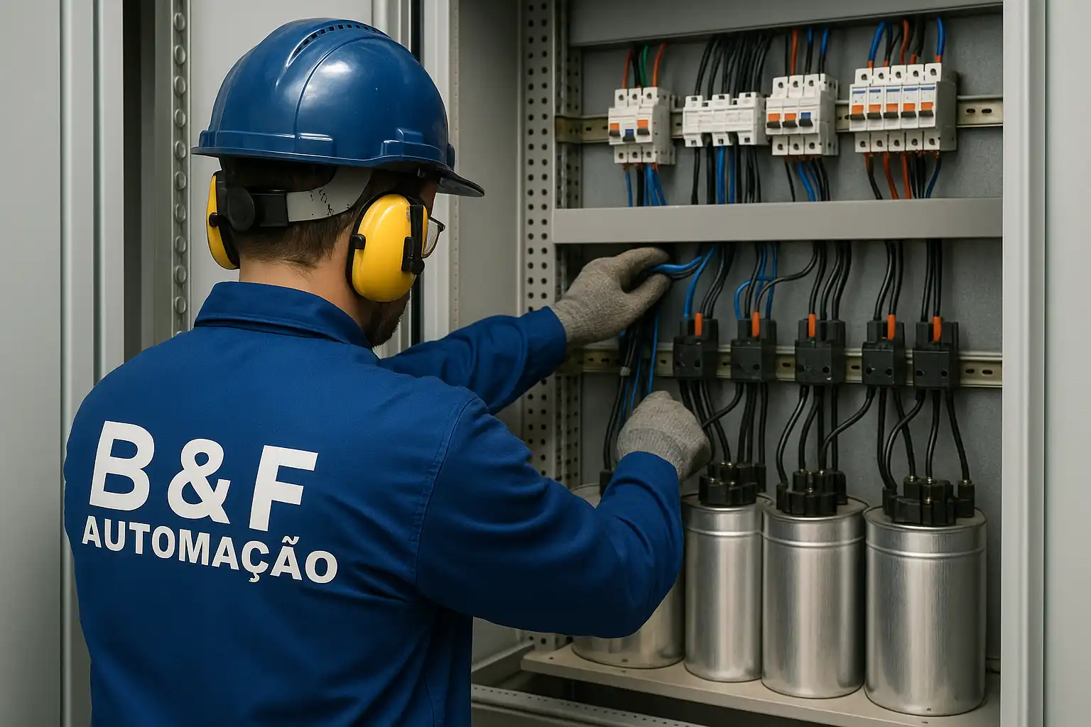 Técnico da B&F Automação trabalhando em banco de capacitores para correção do fator de potência, etapa essencial na eficiência de quadros de distribuição de energia industrial.
