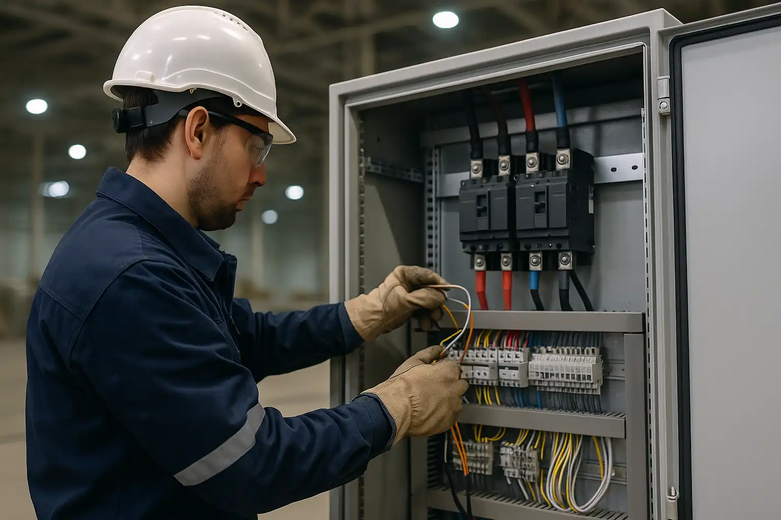 Eletricista com EPI completo instala painel elétrico industrial em galpão fabril, conectando fios em bornes e disjuntores.