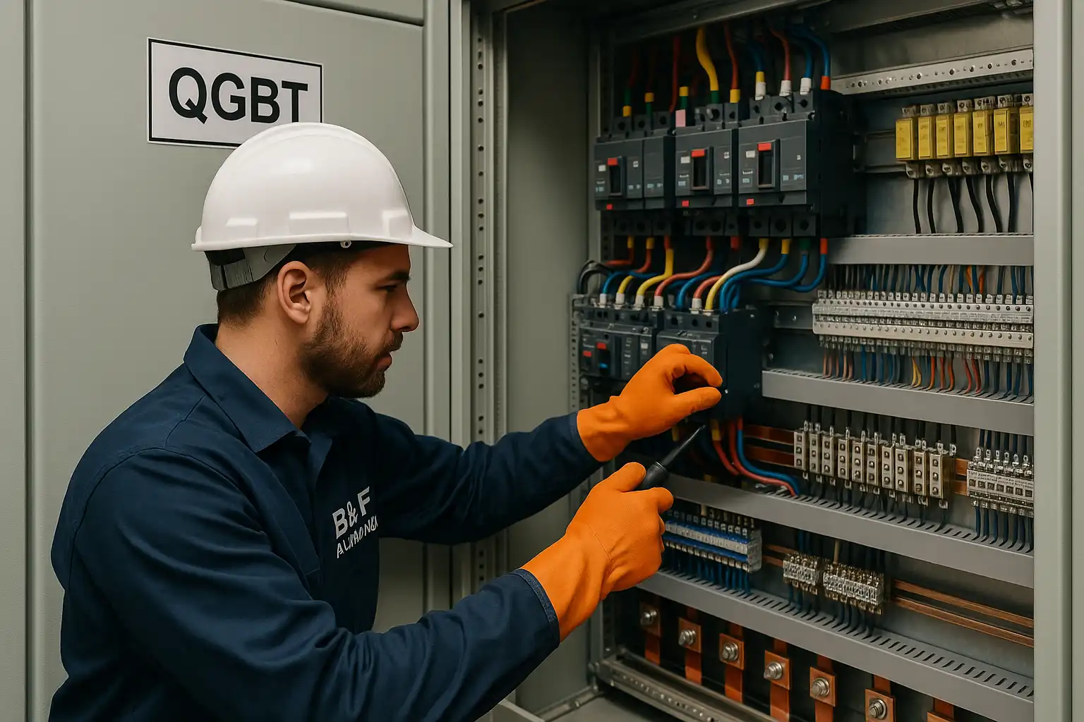 Técnico da B&F Automação realiza manutenção em QGBT, um quadro de distribuição de energia industrial, com foco em segurança elétrica e confiabilidade operacional.
