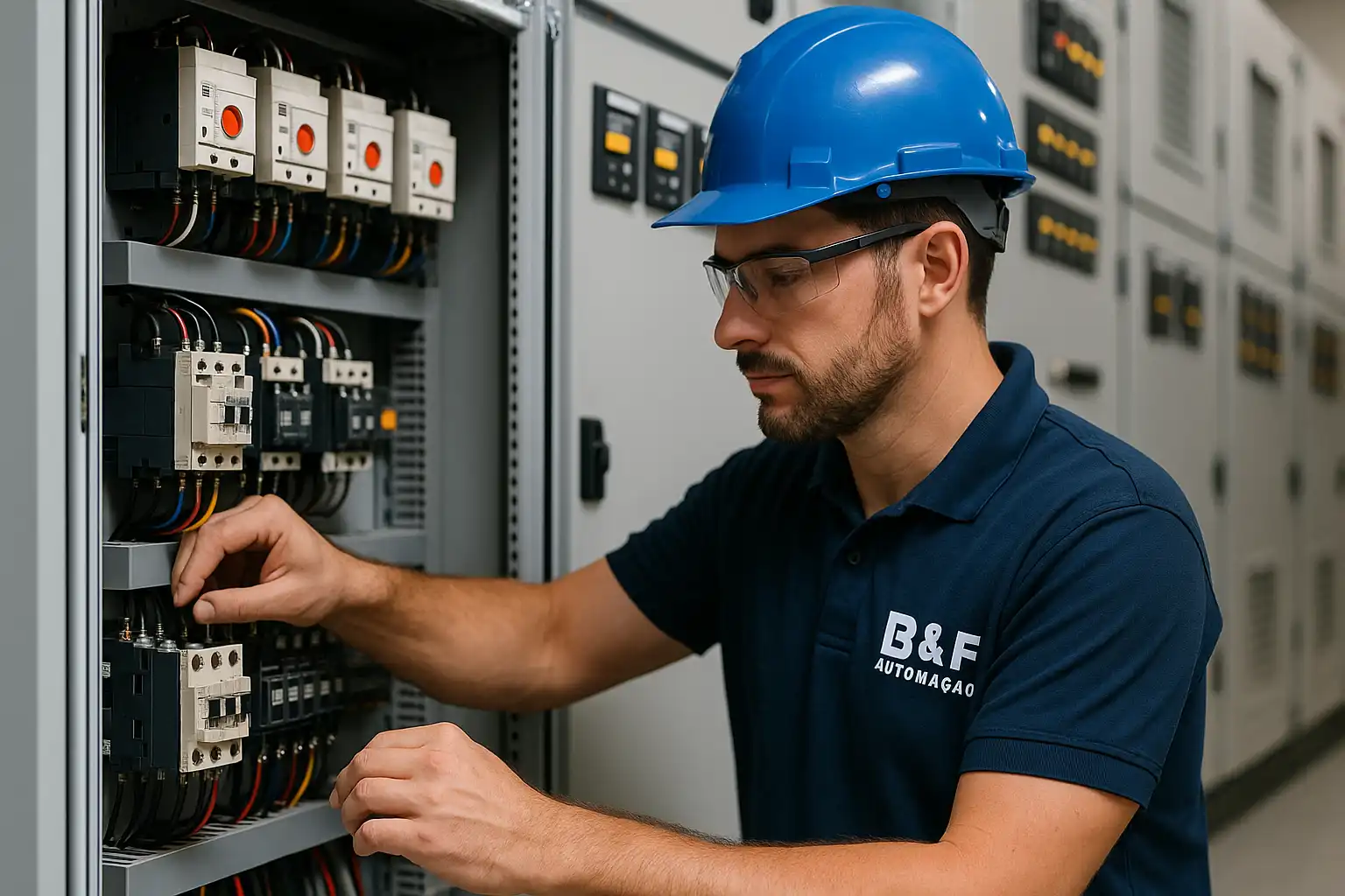 Técnico da B&F Automação realizando ajustes em quadro de partidas de motores (CCM), essencial na distribuição de energia industrial automatizada e segura.